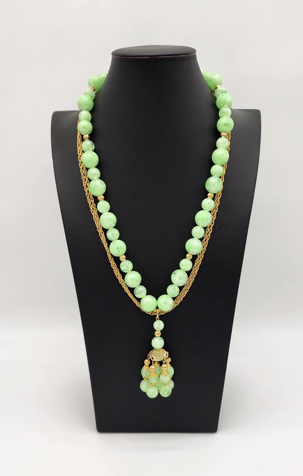 Lucite Peking Glass Style Jade Green & Gold Tone Necklace Lavalier Pendant