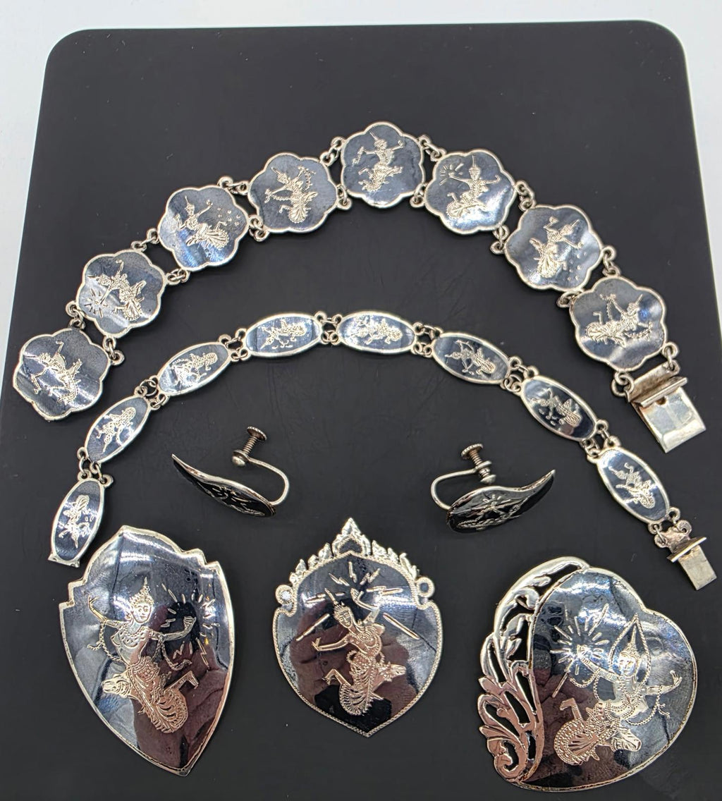 Vintage Siam Sterling Silver Niello Set 7pc 60g Thai Dancers Bracelets Pins