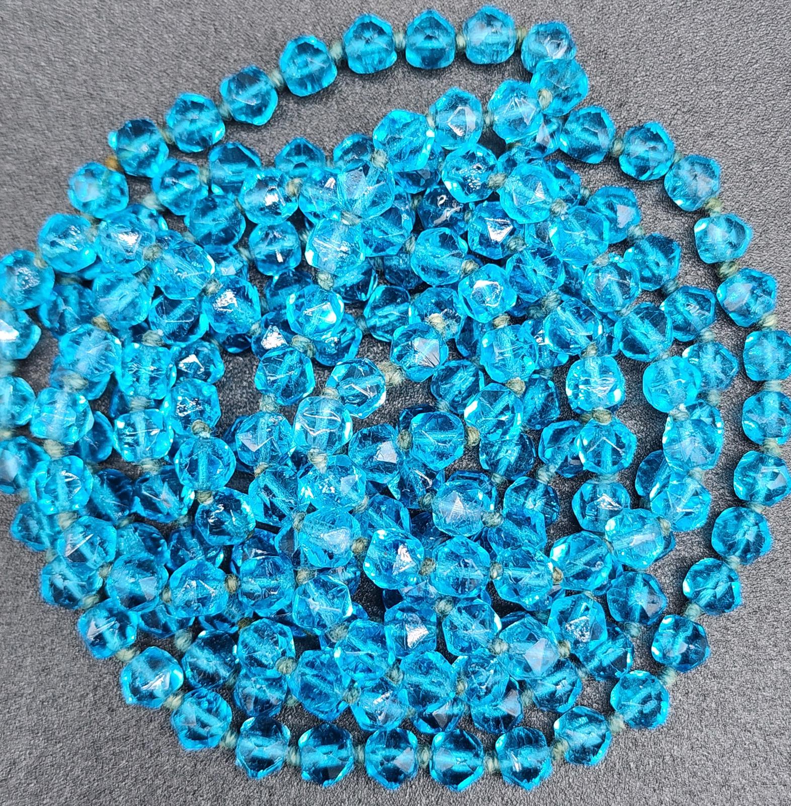 Rare Blue Uranium Glass Necklace 56" Flapper UV Czech 1920s Hand Knotted Beads