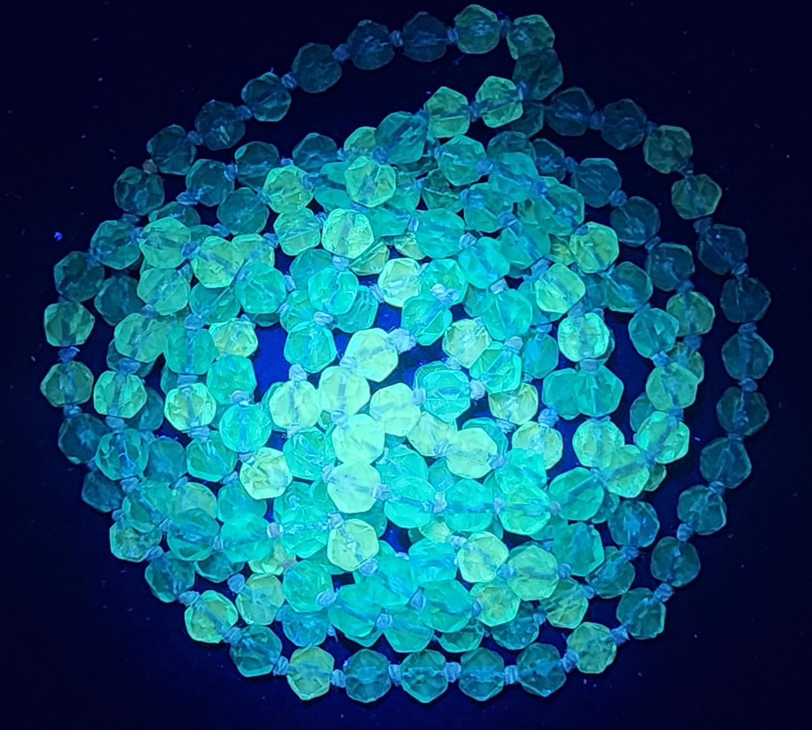 Rare Blue Uranium Glass Necklace 56" Flapper UV Czech 1920s Hand Knotted Beads