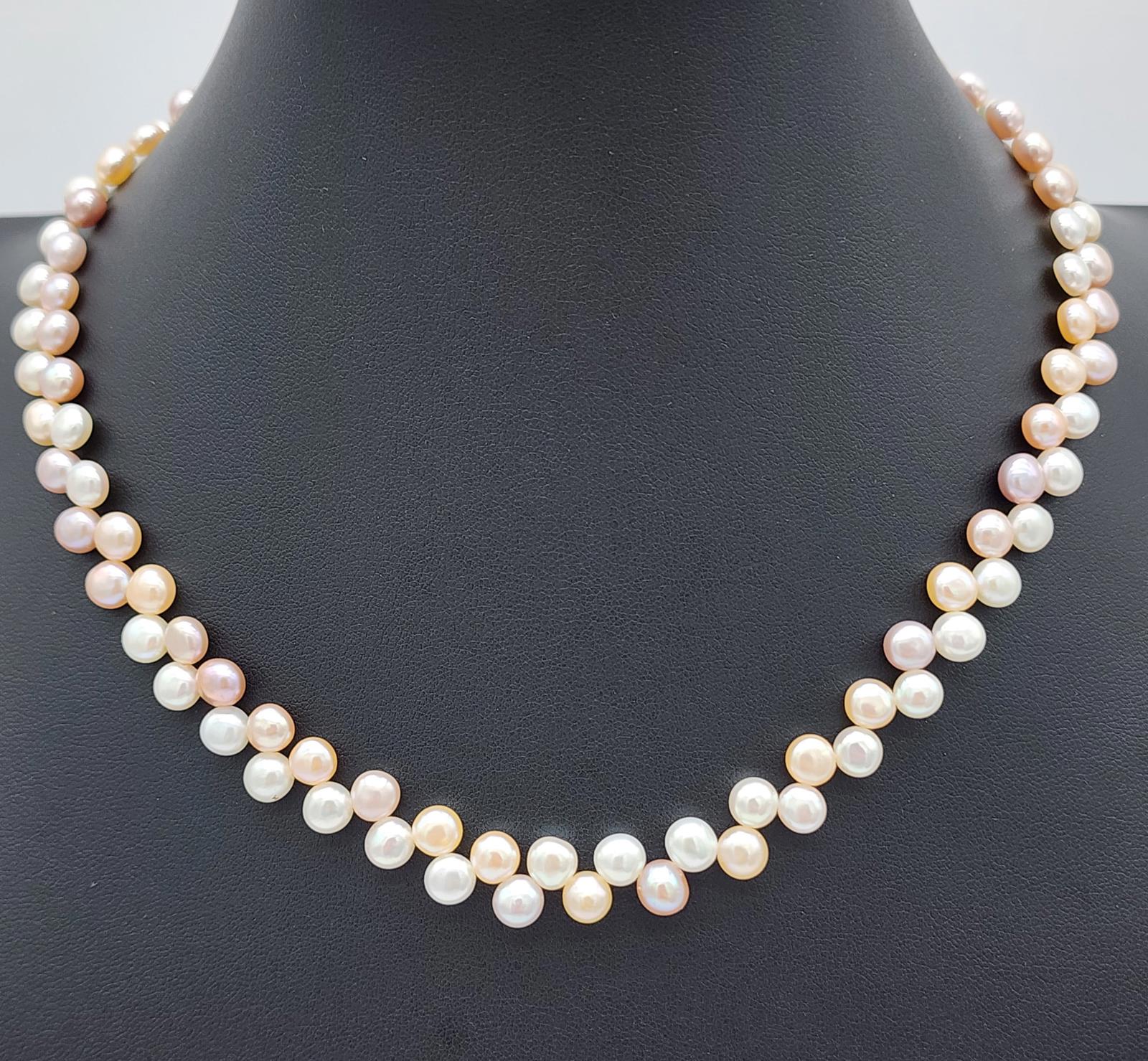Freshwater Coin Pearl Necklace 18" 22g Double Strand Sterling Silver Multicolor