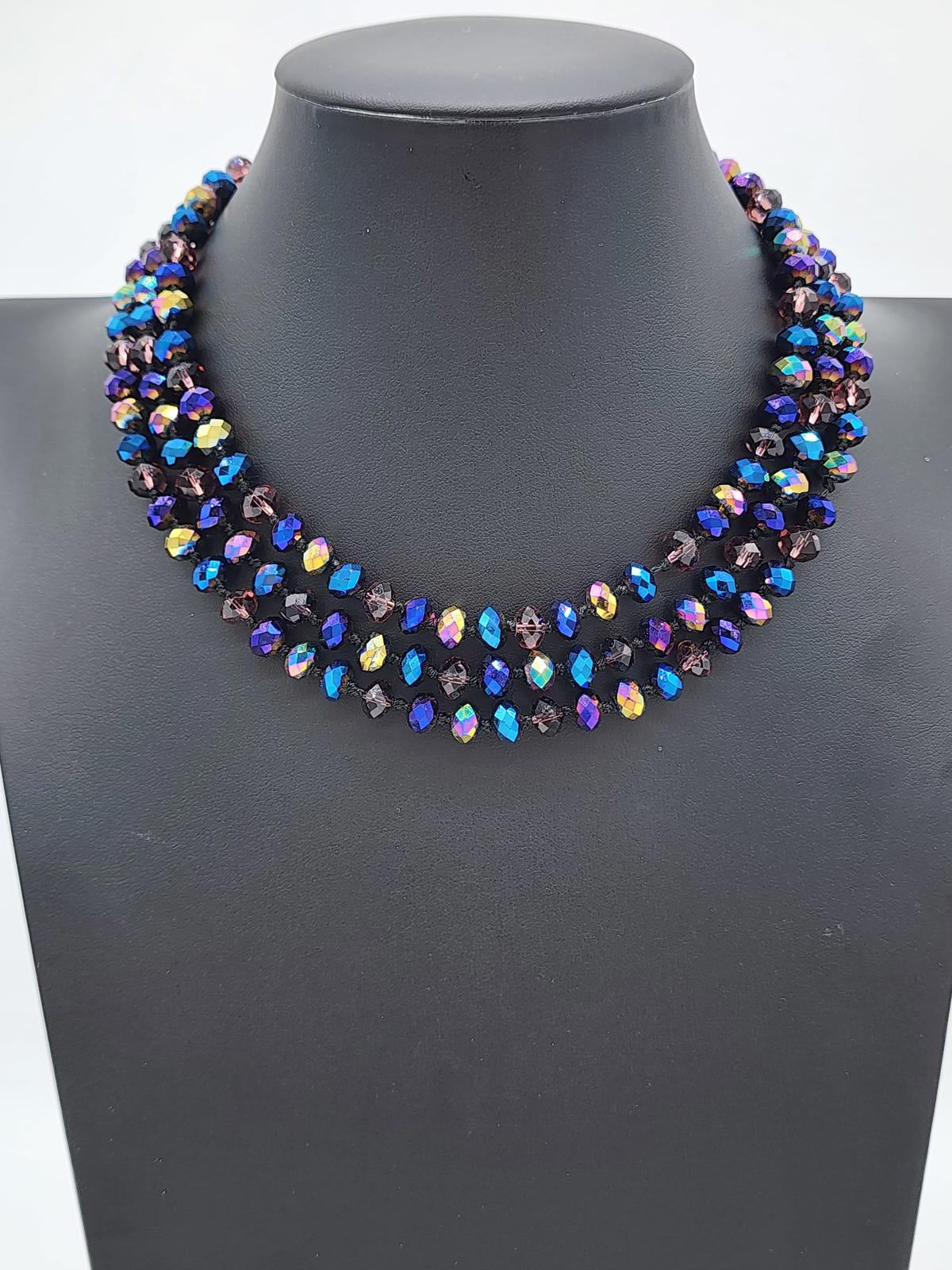 Vintage AB Glass Bead Necklace | Hand-Knotted Purple Blue Czech Style 26"