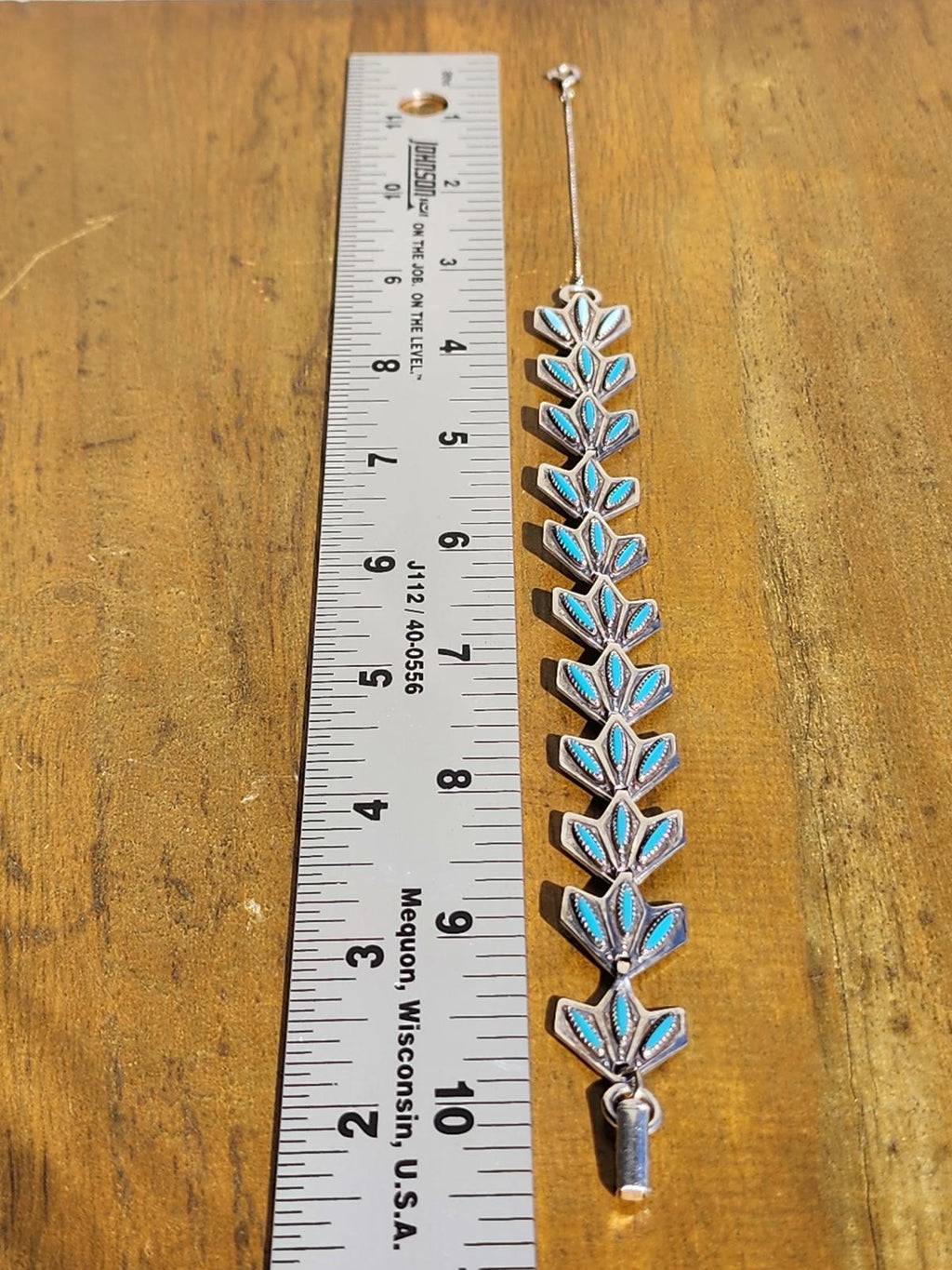 Vintage Zuni Sterling Turquoise Inlay Leaf Link Bracelet Genuine Navajo Silver