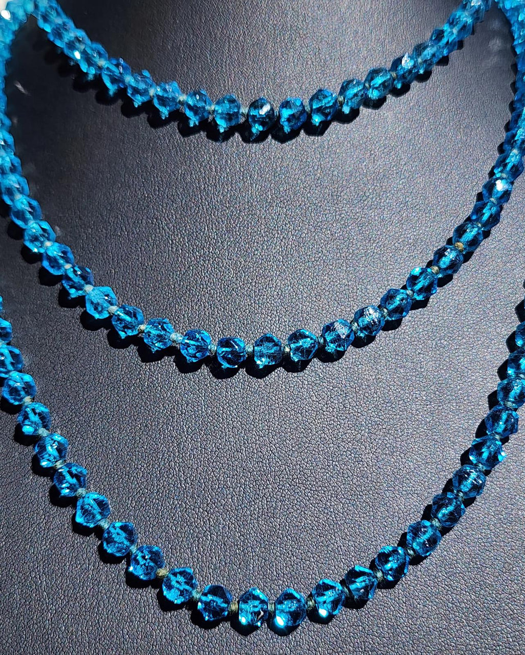 Rare Blue Uranium Glass Necklace 56" Flapper UV Czech 1920s Hand Knotted Beads
