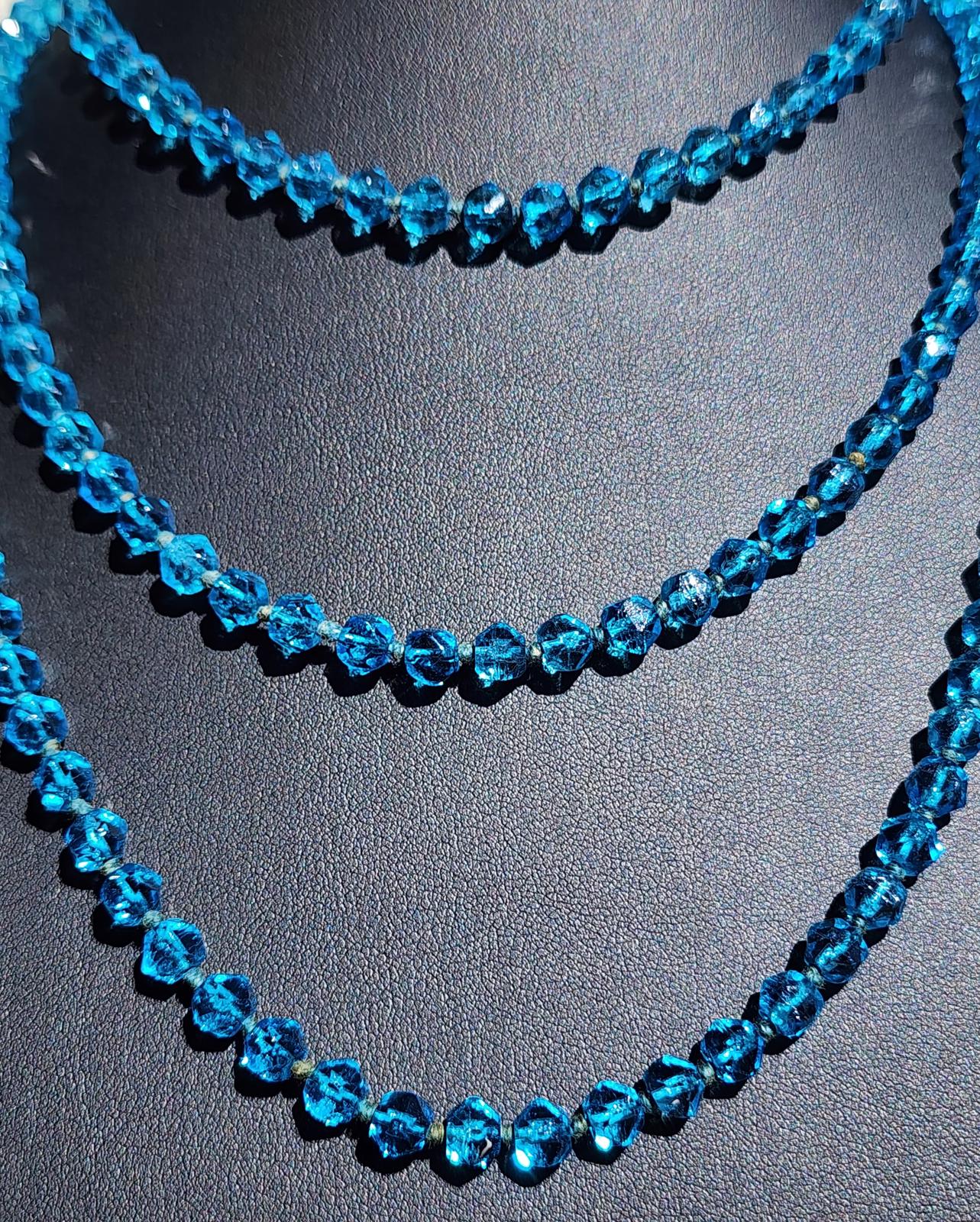 Rare Blue Uranium Glass Necklace 56" Flapper UV Czech 1920s Hand Knotted Beads
