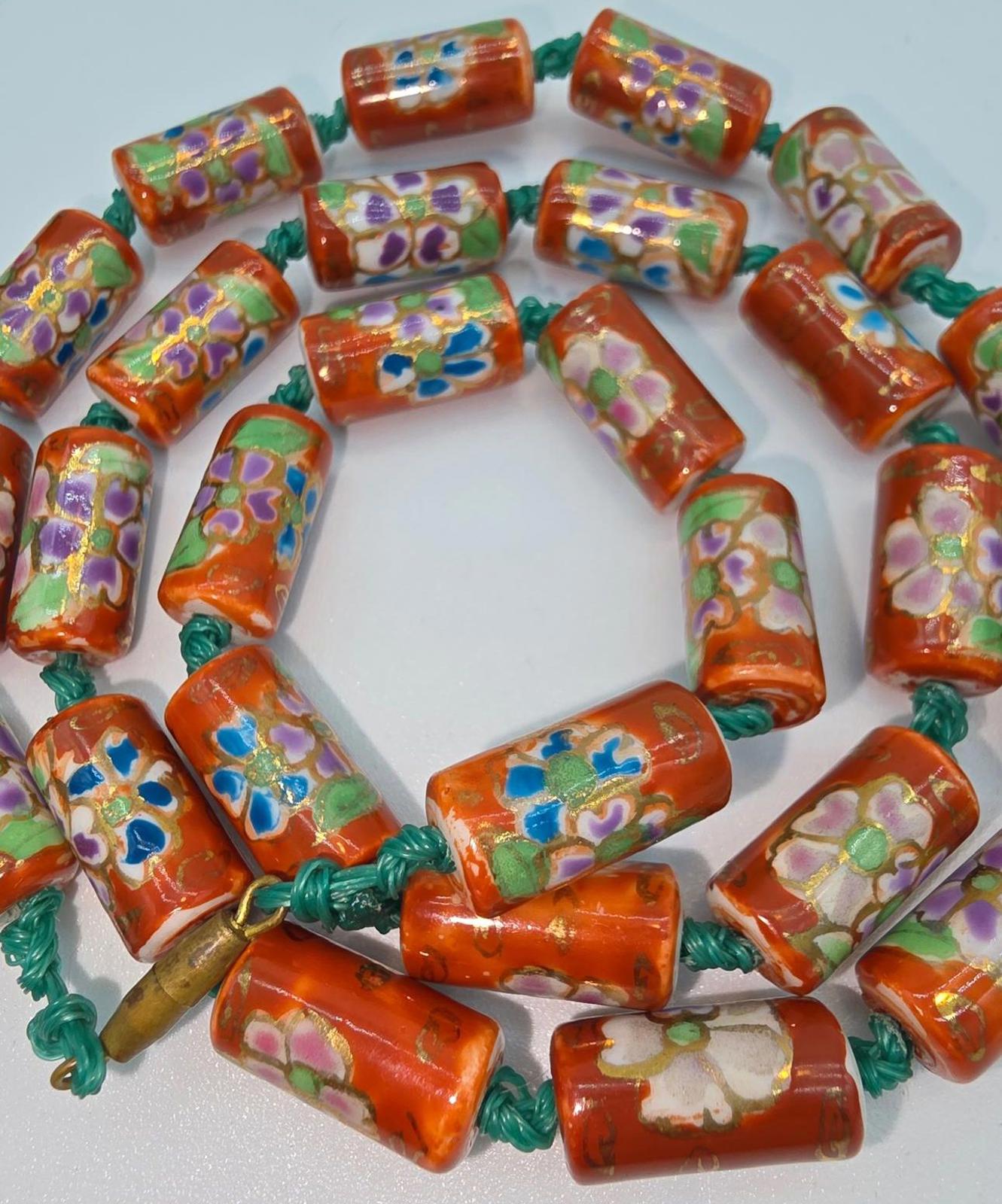 Peking Glass Style Necklace, Hand Painted Floral, Gold Gilt, Hand Knotted Silk