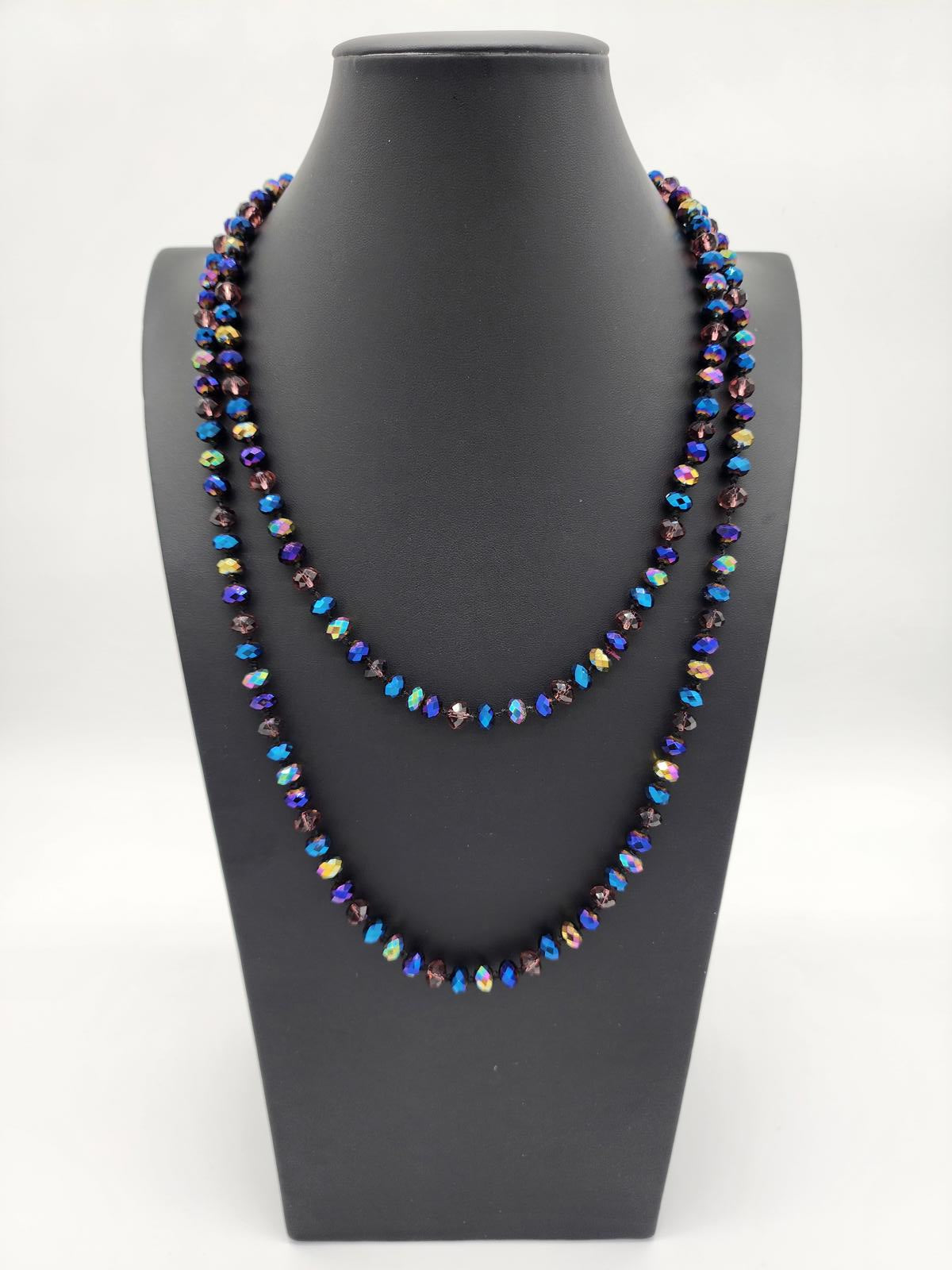 Vintage AB Glass Bead Necklace | Hand-Knotted Purple Blue Czech Style 26"