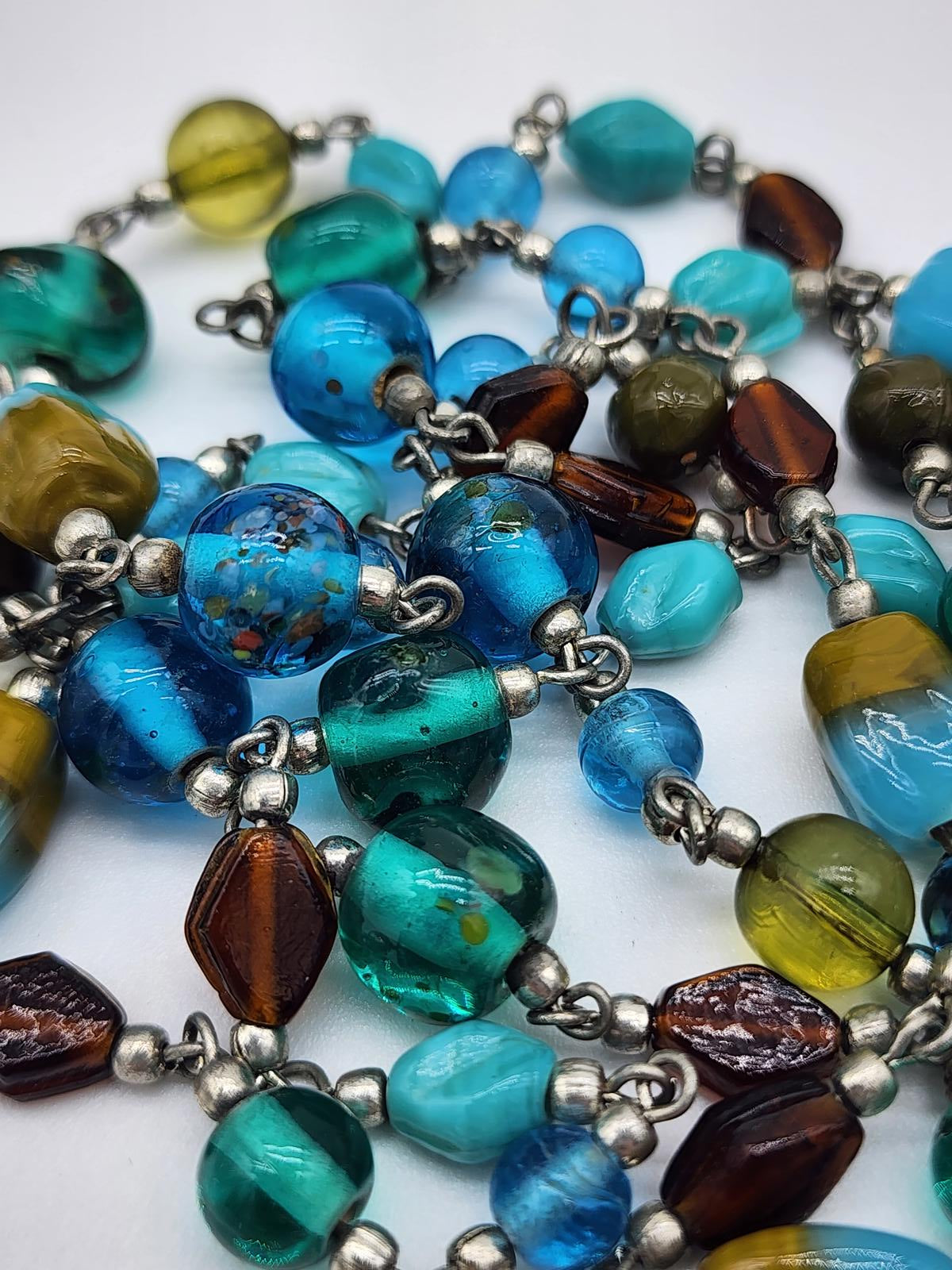 Artisan Lampwork Glass Necklace Murano Style Aqua Teal Blue Y2K Frit Beads