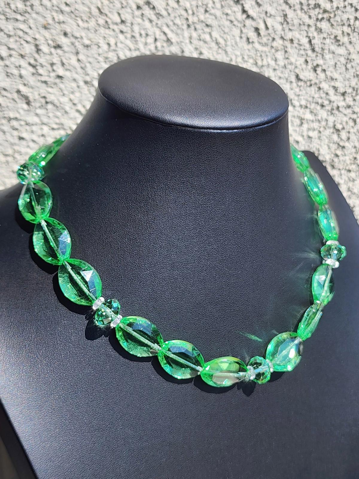 Vintage Uranium Glass Necklace | 14k Gold | Vaseline Green Czech Beads| Art Deco