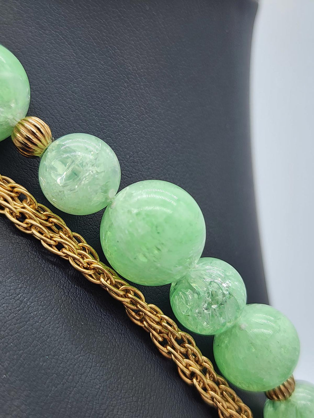 Lucite Peking Glass Style Jade Green & Gold Tone Necklace Lavalier Pendant