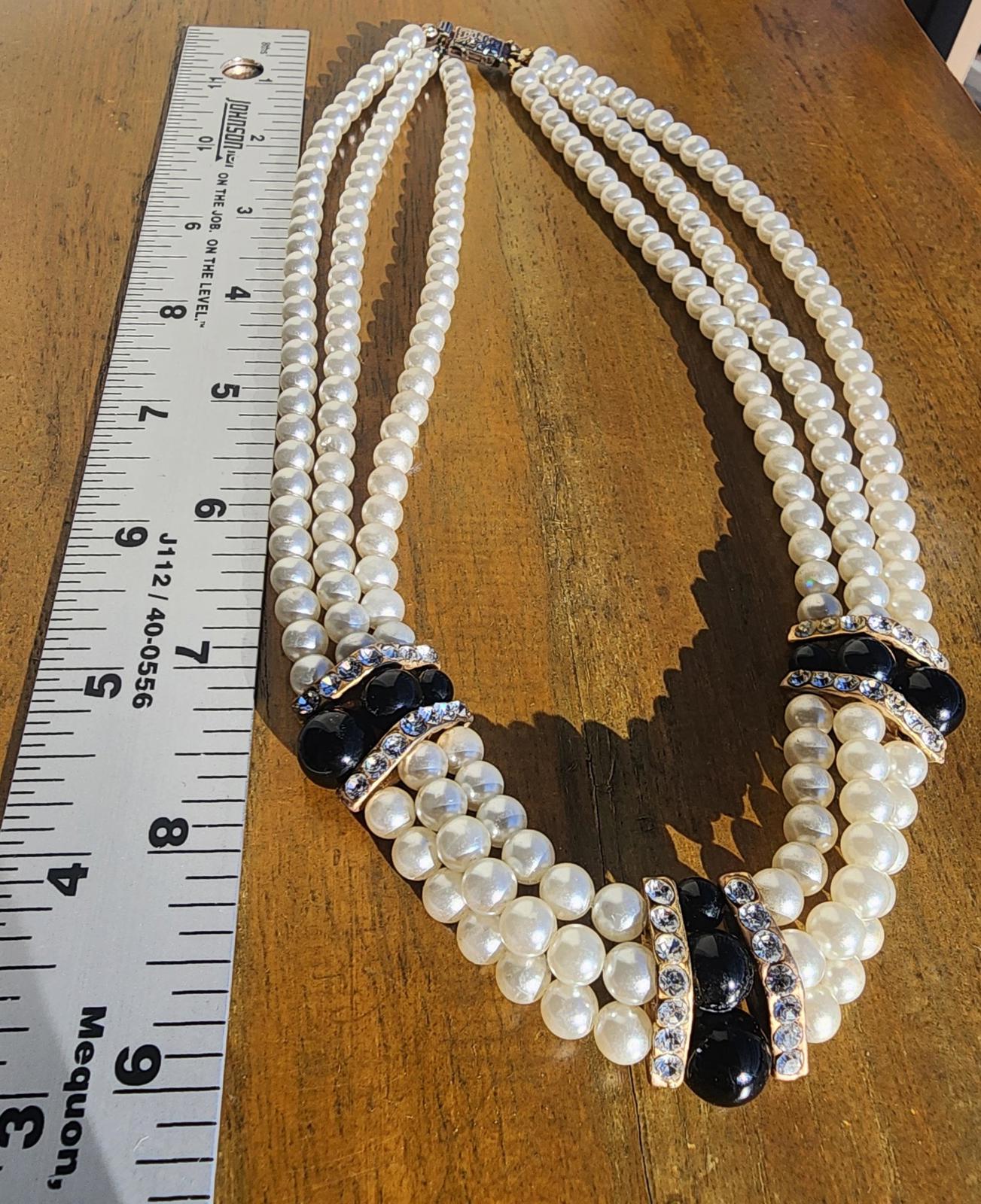 Vintage 3 Strand Pearl Necklace | Mid-Century Black Cabochon & Rhinestone Choker