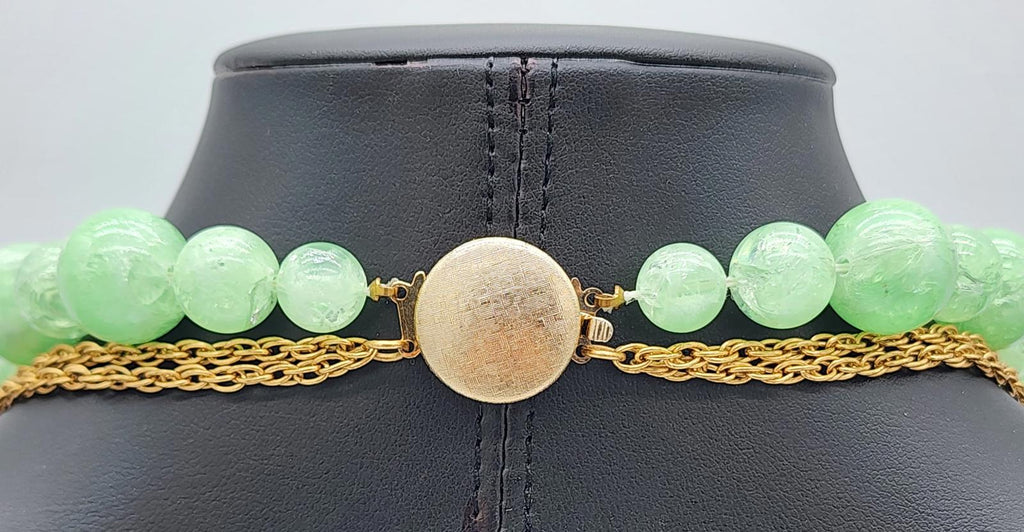 Lucite Peking Glass Style Jade Green & Gold Tone Necklace Lavalier Pendant
