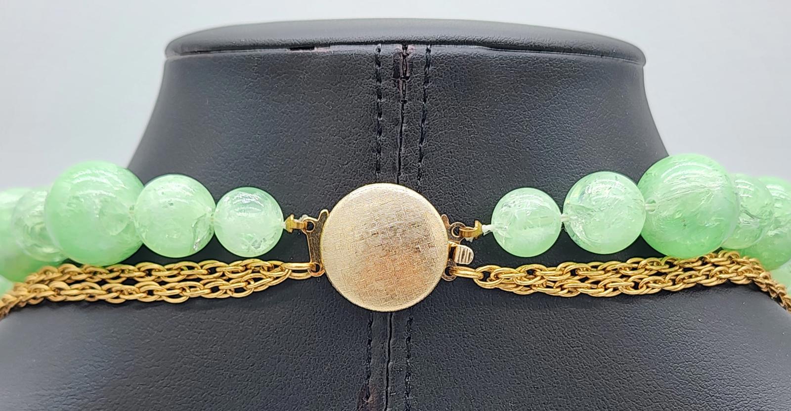 Lucite Peking Glass Style Jade Green & Gold Tone Necklace Lavalier Pendant