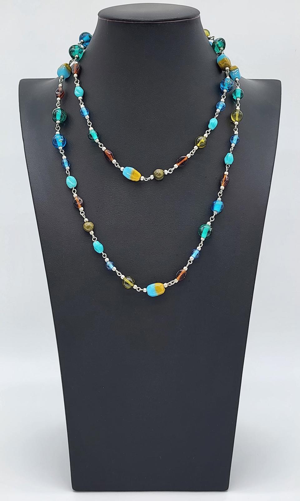 Artisan Lampwork Glass Necklace Murano Style Aqua Teal Blue Y2K Frit Beads