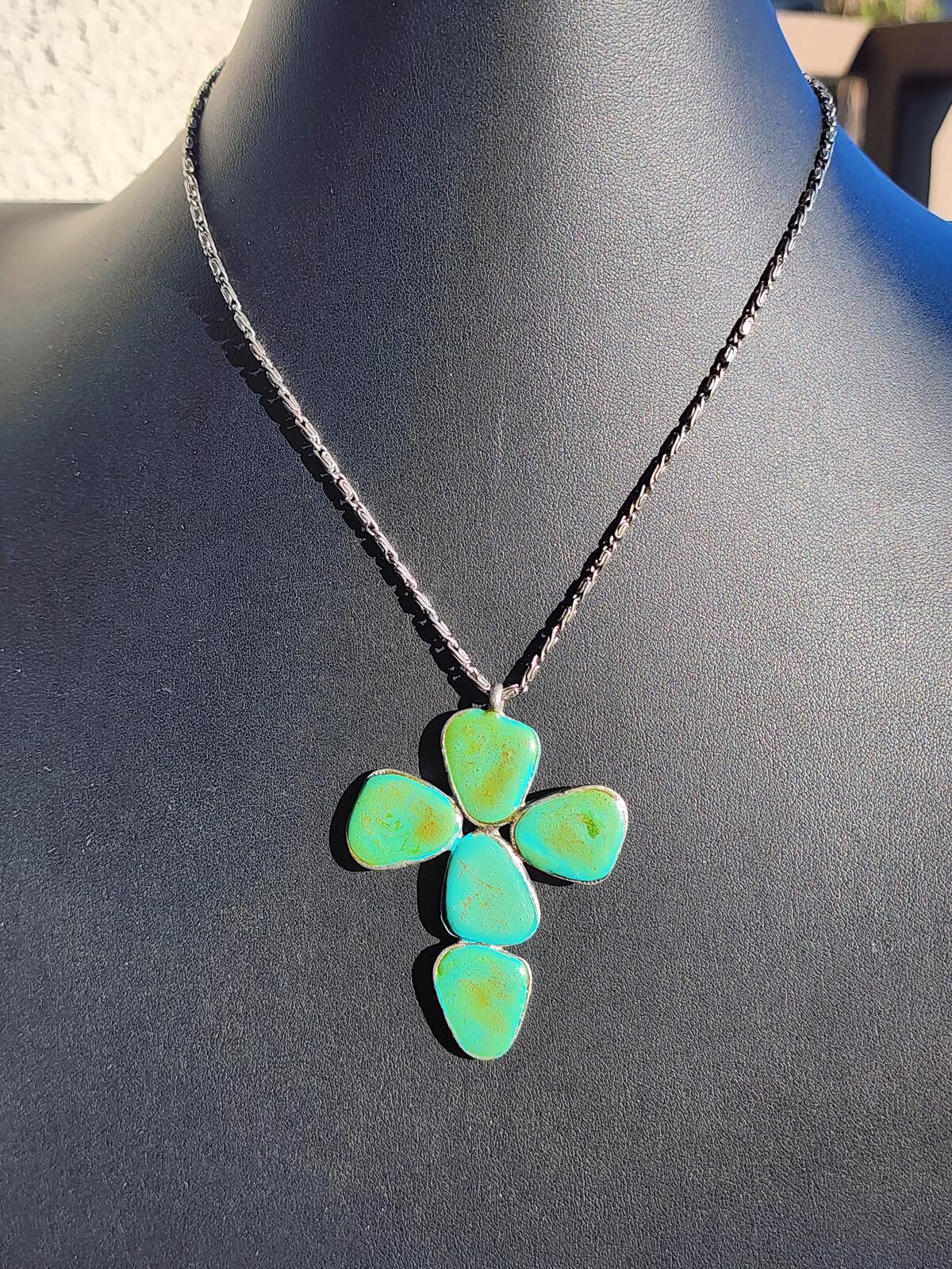Vintage Ben Amun Signed Turquoise Cross Pendant Necklace w Byzantine Chain