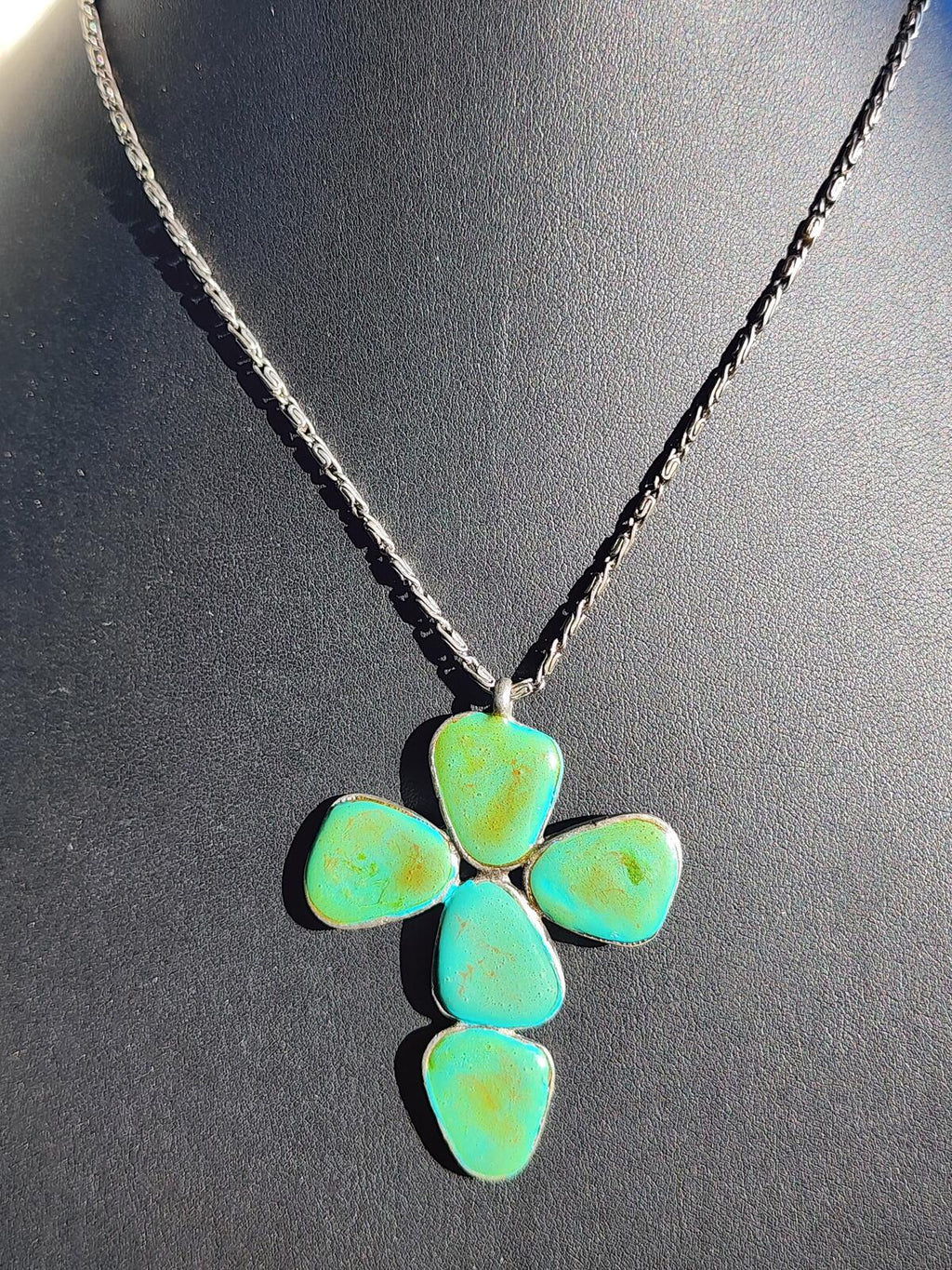 Vintage Ben Amun Signed Turquoise Cross Pendant Necklace w Byzantine Chain