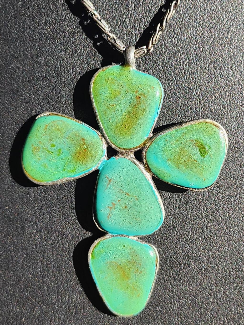 Vintage Ben Amun Signed Turquoise Cross Pendant Necklace w Byzantine Chain