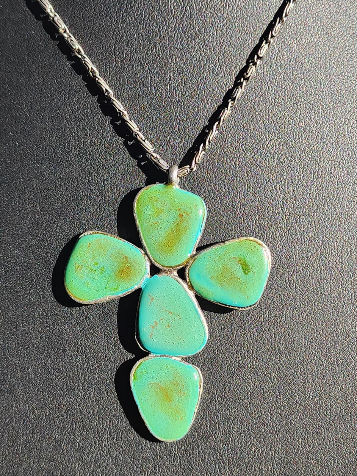 Vintage Ben Amun Signed Turquoise Cross Pendant Necklace w Byzantine Chain