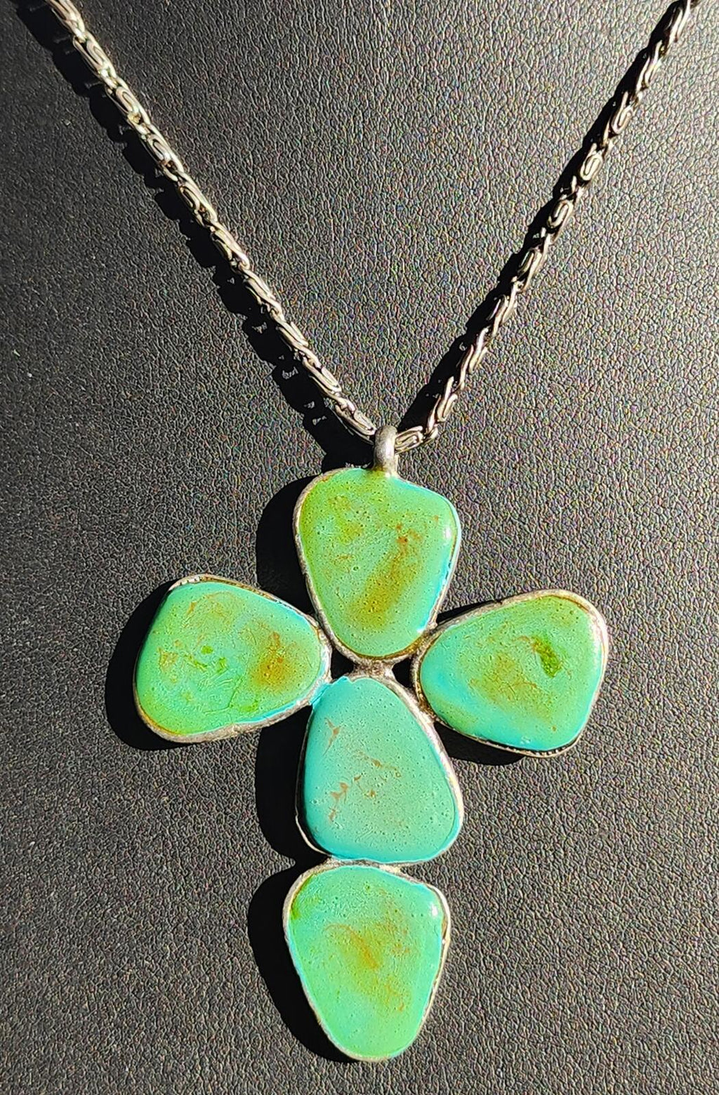 Vintage Ben Amun Signed Turquoise Cross Pendant Necklace w Byzantine Chain