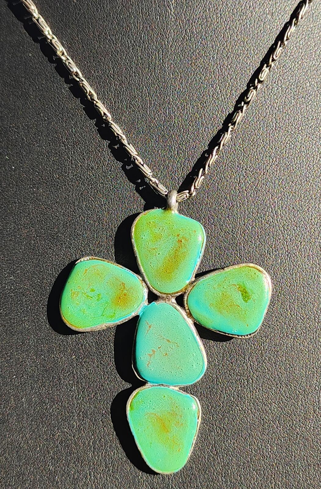 Vintage Ben Amun Signed Turquoise Cross Pendant Necklace w Byzantine Chain