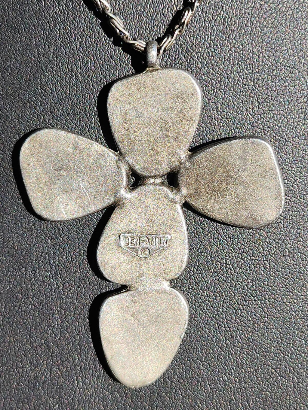 Vintage Ben Amun Signed Turquoise Cross Pendant Necklace w Byzantine Chain