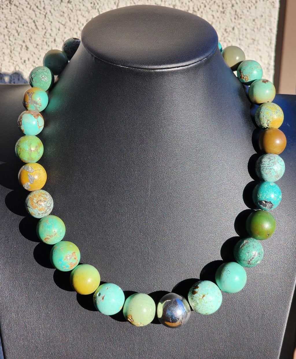 Hubei Turquoise Necklace w Large Blue, Green, Mustard & Silver Beads 170g, 21"