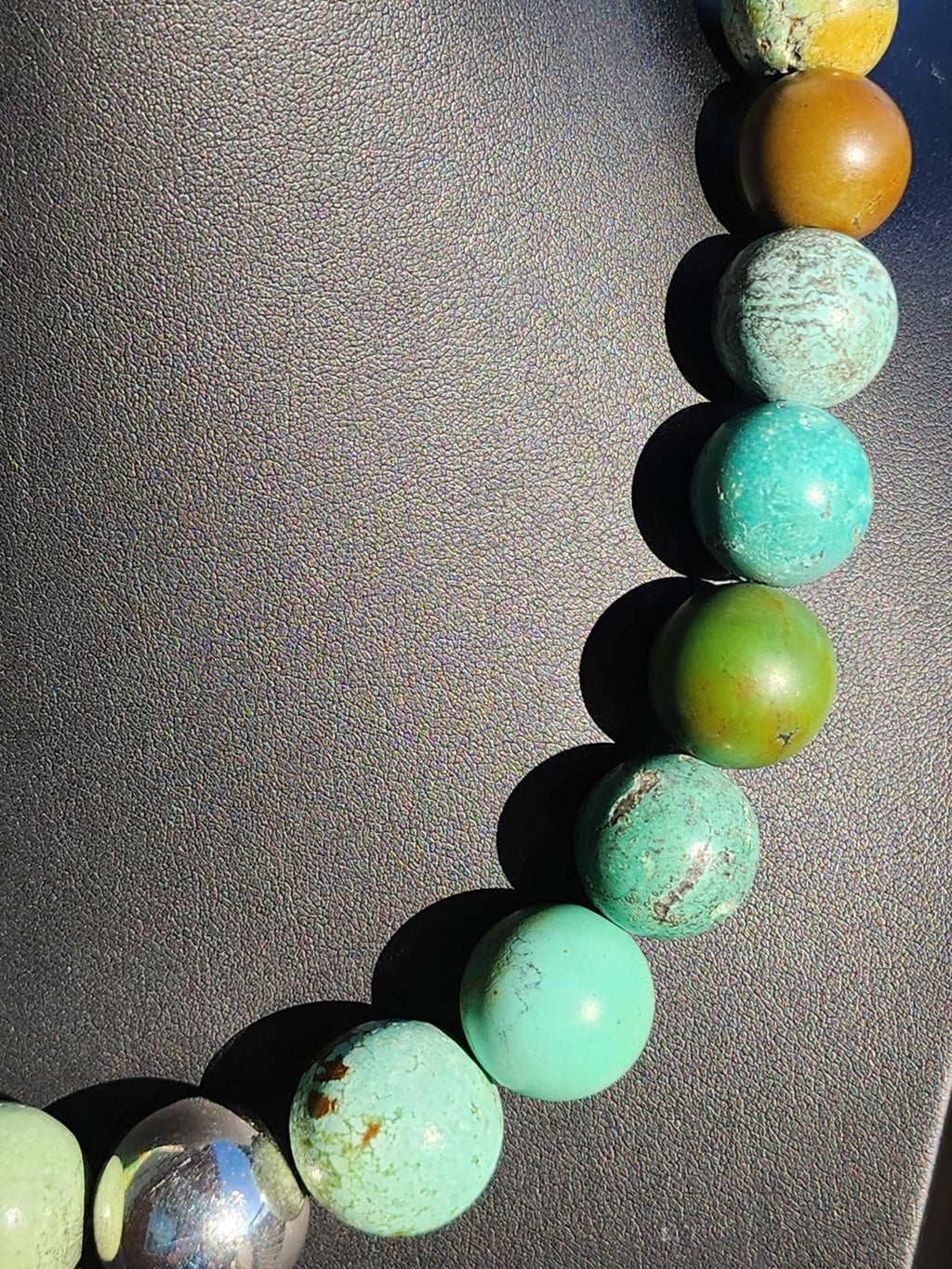 Hubei Turquoise Necklace w Large Blue, Green, Mustard & Silver Beads 170g, 21"