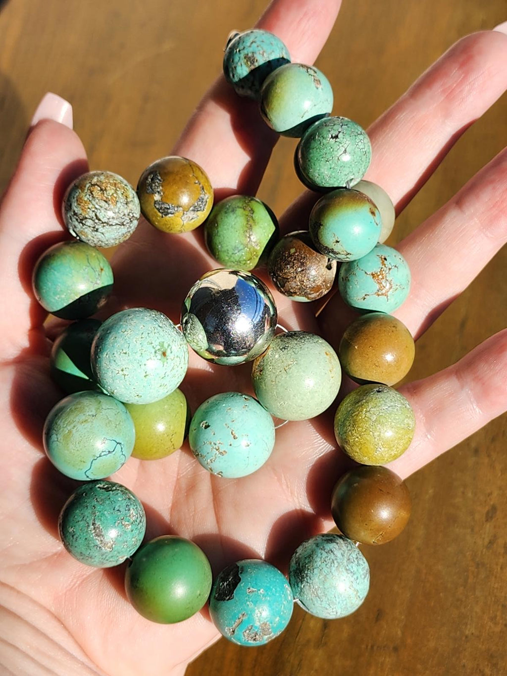 Hubei Turquoise Necklace w Large Blue, Green, Mustard & Silver Beads 170g, 21"