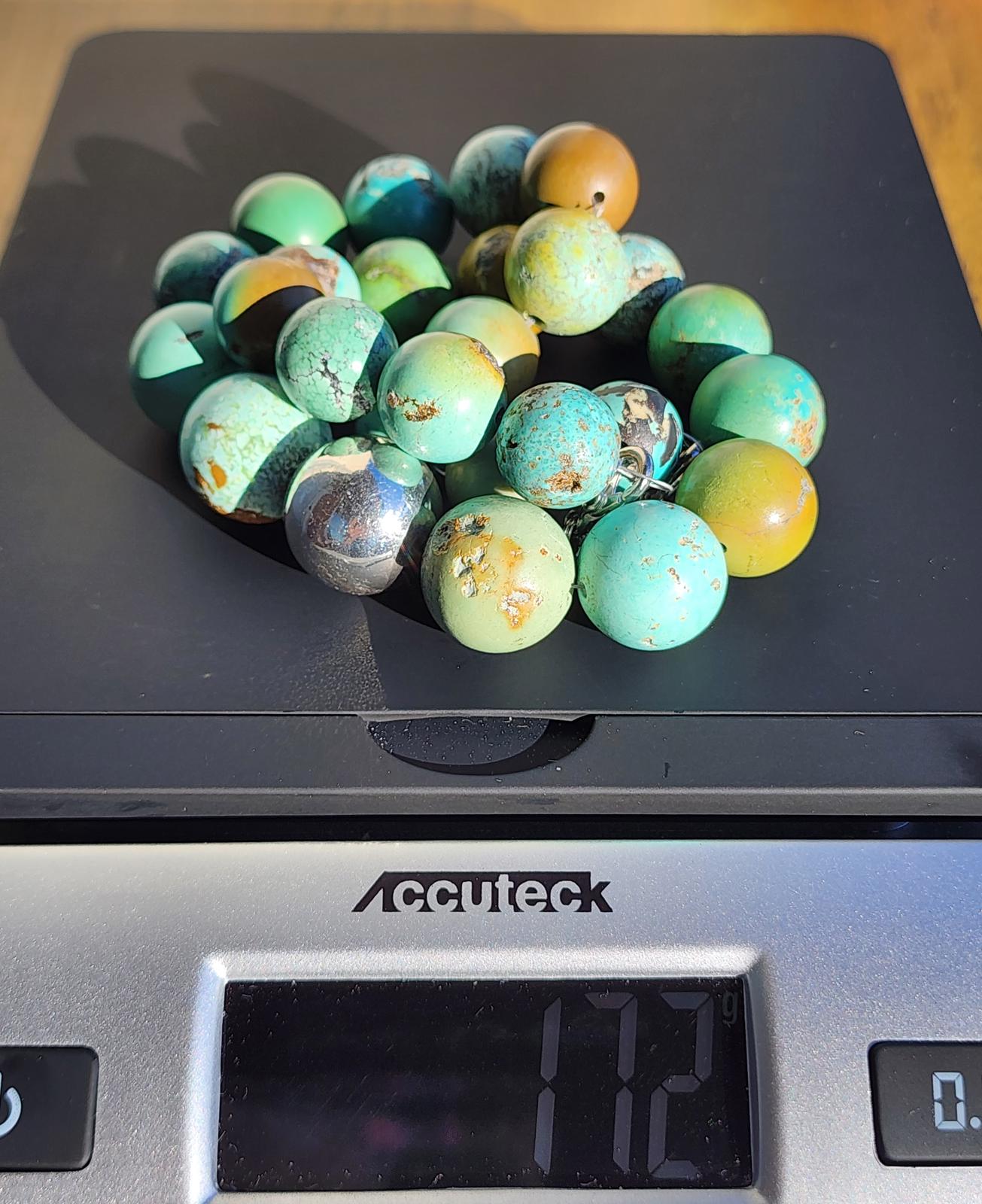 Hubei Turquoise Necklace w Large Blue, Green, Mustard & Silver Beads 170g, 21"