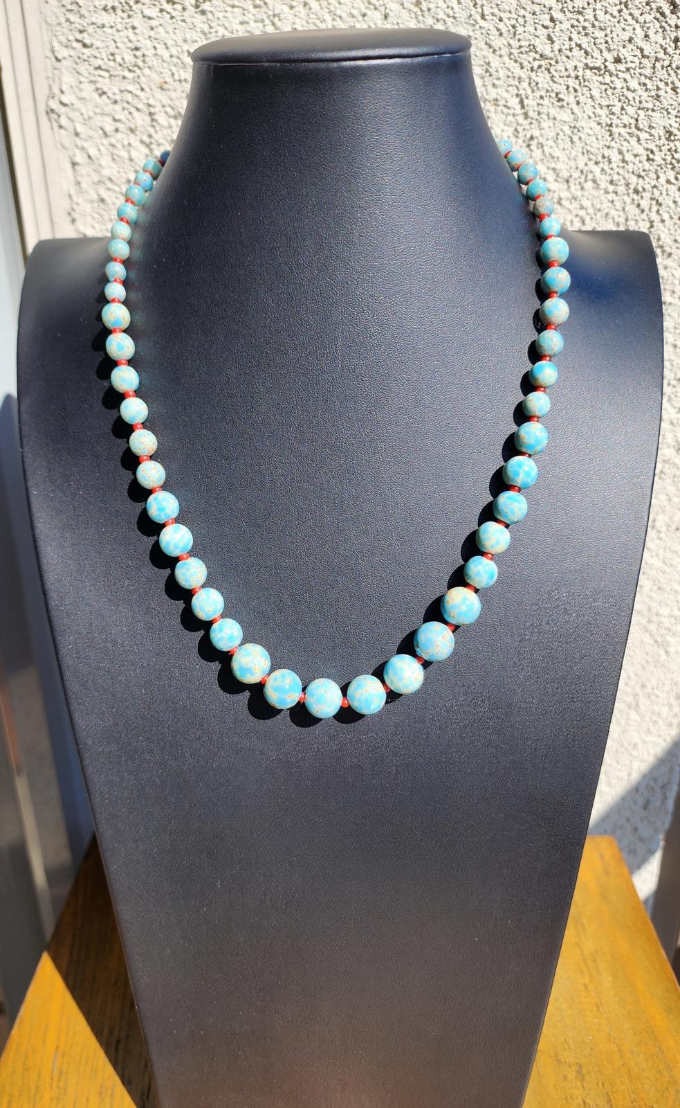 Antique Hubbell Glass Turquoise Bead Necklace | Czech Trade Beads | Coral | Handmade Silver Clasp | Navajo Old Pawn Southwest | Early 1900s