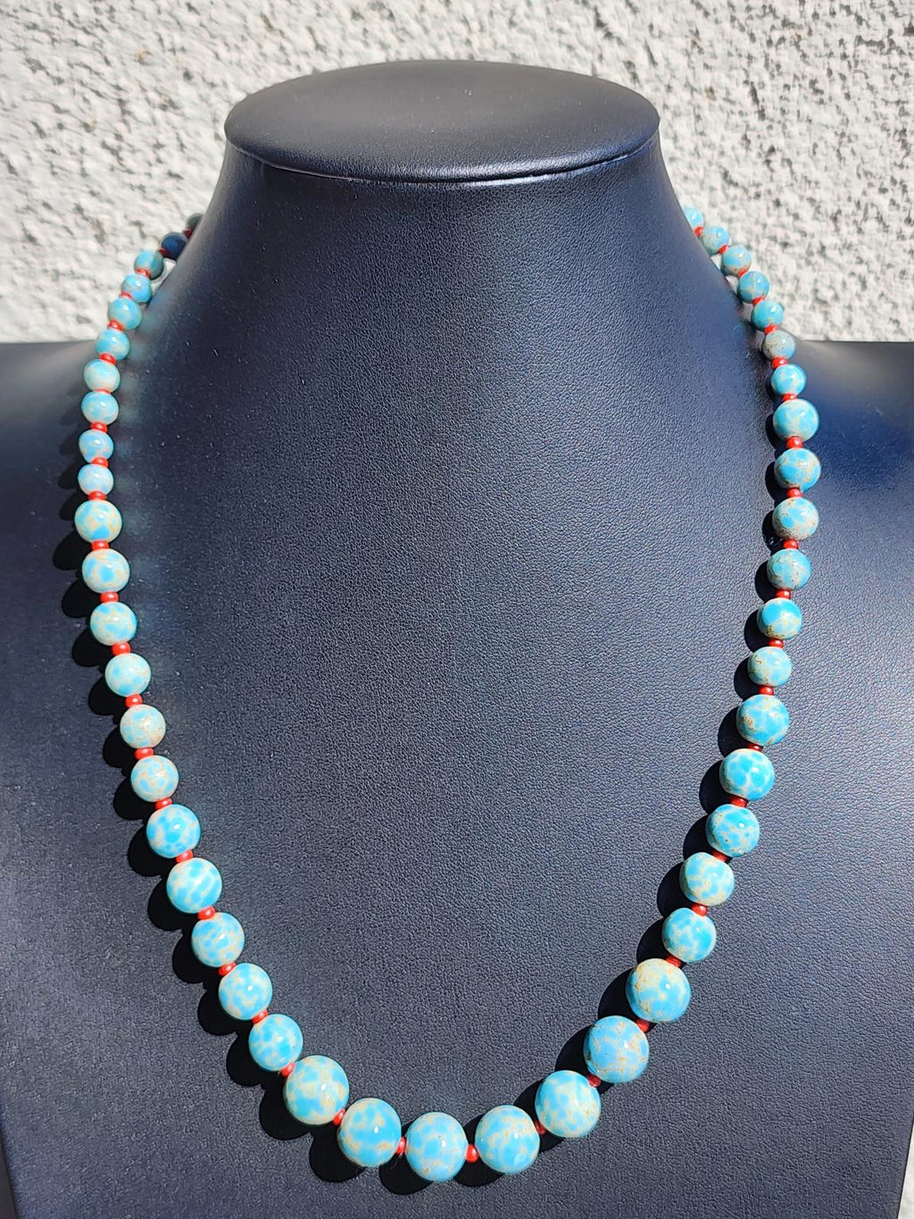 Antique Hubbell Glass Turquoise Bead Necklace | Czech Trade Beads | Coral | Handmade Silver Clasp | Navajo Old Pawn Southwest | Early 1900s