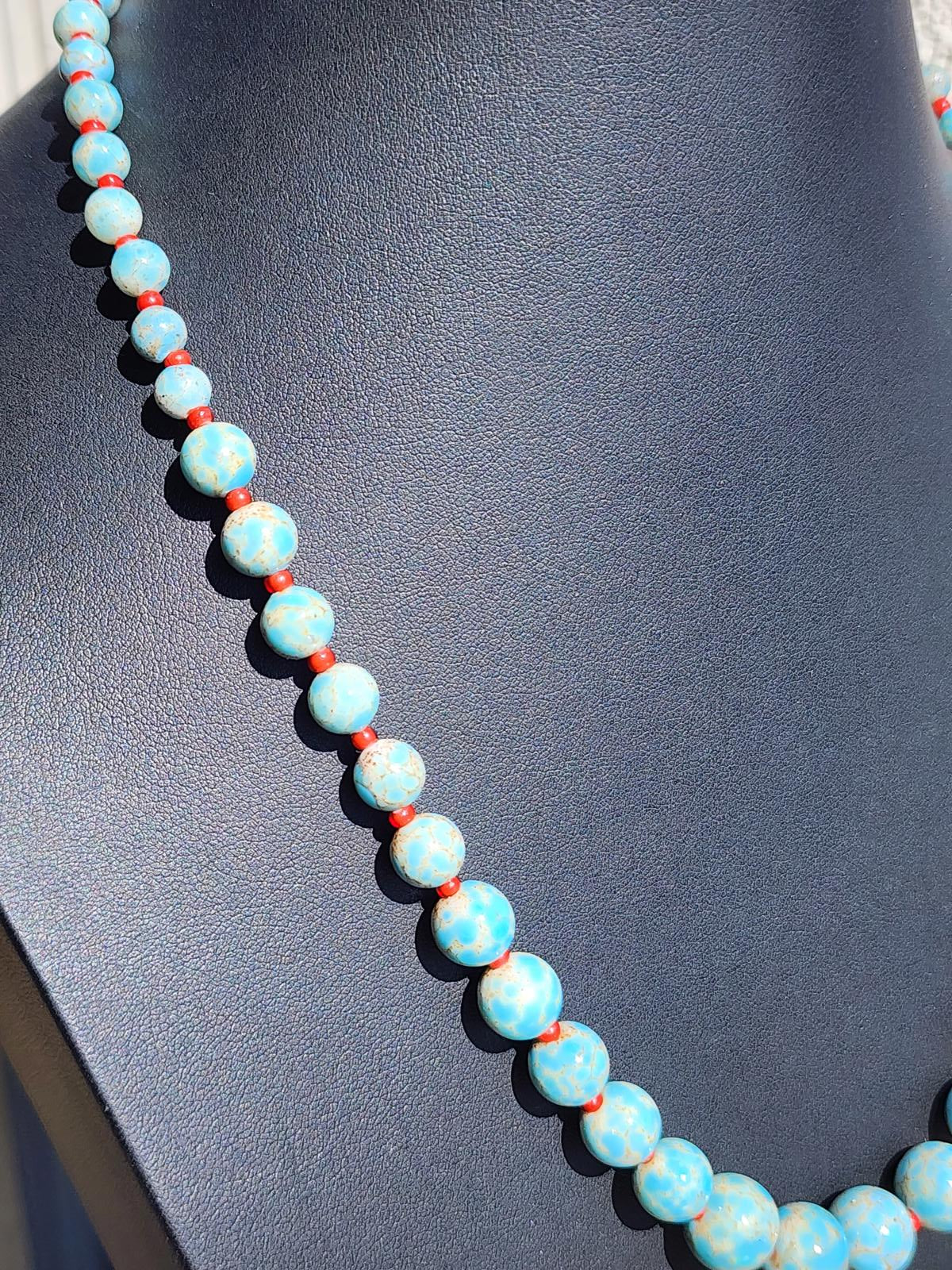 Antique Hubbell Glass Turquoise Bead Necklace | Czech Trade Beads | Coral | Handmade Silver Clasp | Navajo Old Pawn Southwest | Early 1900s