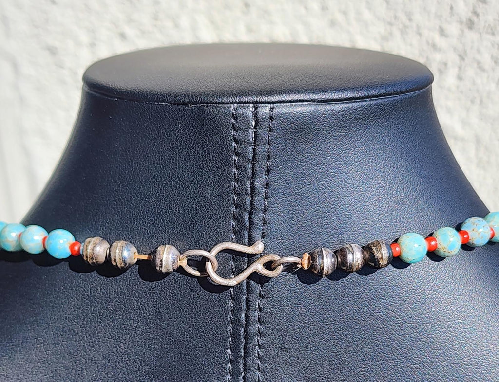 Antique Hubbell Glass Turquoise Bead Necklace | Czech Trade Beads | Coral | Handmade Silver Clasp | Navajo Old Pawn Southwest | Early 1900s