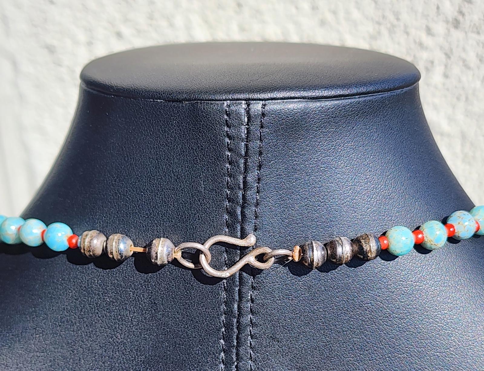 Antique Hubbell Glass Turquoise Bead Necklace | Czech Trade Beads | Coral | Handmade Silver Clasp | Navajo Old Pawn Southwest | Early 1900s
