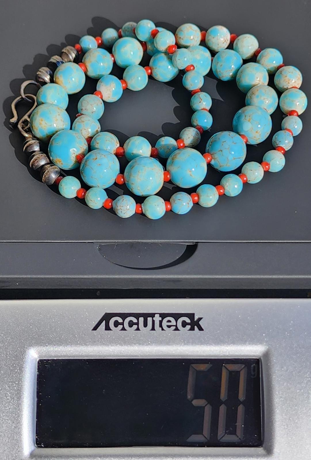 Antique Hubbell Glass Turquoise Bead Necklace | Czech Trade Beads | Coral | Handmade Silver Clasp | Navajo Old Pawn Southwest | Early 1900s