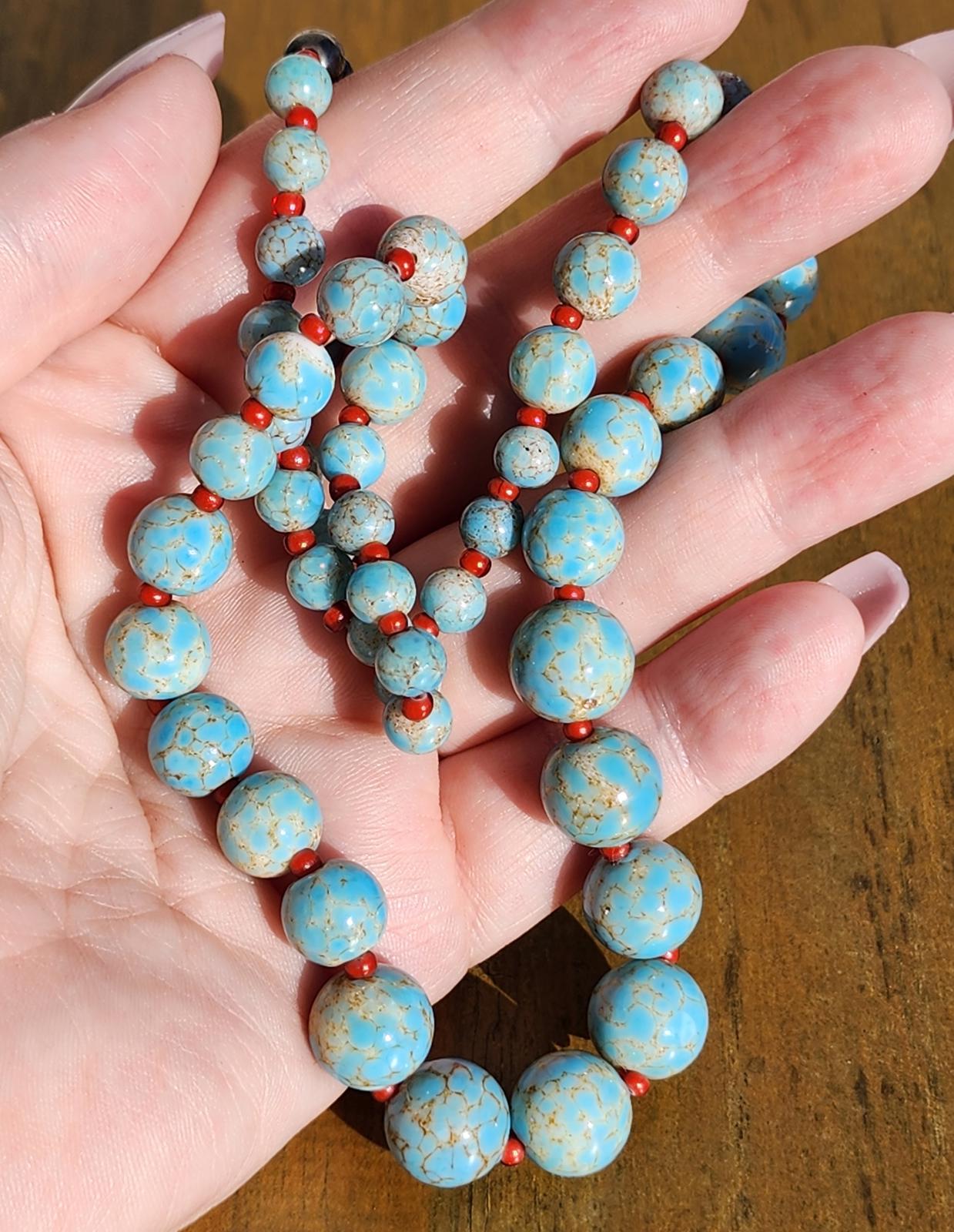 Antique Hubbell Glass Turquoise Bead Necklace | Czech Trade Beads | Coral | Handmade Silver Clasp | Navajo Old Pawn Southwest | Early 1900s