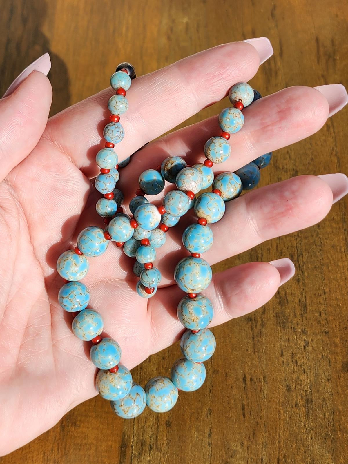 Antique Hubbell Glass Turquoise Bead Necklace | Czech Trade Beads | Coral | Handmade Silver Clasp | Navajo Old Pawn Southwest | Early 1900s
