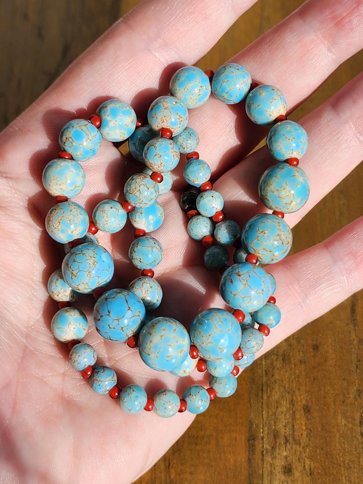 Antique Hubbell Glass Turquoise Bead Necklace | Czech Trade Beads | Coral | Handmade Silver Clasp | Navajo Old Pawn Southwest | Early 1900s