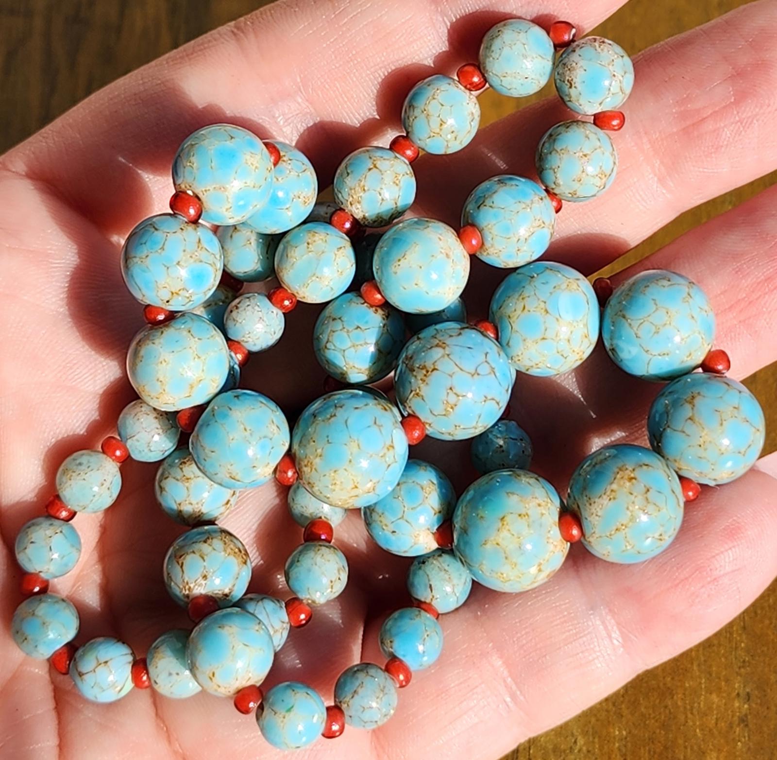Antique Hubbell Glass Turquoise Bead Necklace | Czech Trade Beads | Coral | Handmade Silver Clasp | Navajo Old Pawn Southwest | Early 1900s