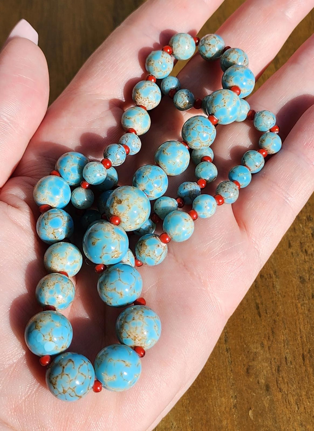 Antique Hubbell Glass Turquoise Bead Necklace | Czech Trade Beads | Coral | Handmade Silver Clasp | Navajo Old Pawn Southwest | Early 1900s