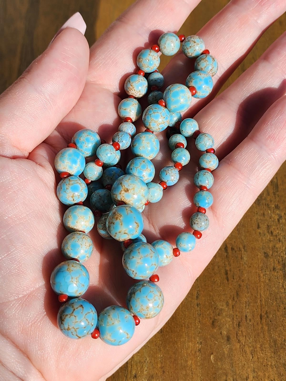 Antique Hubbell Glass Turquoise Bead Necklace | Czech Trade Beads | Coral | Handmade Silver Clasp | Navajo Old Pawn Southwest | Early 1900s