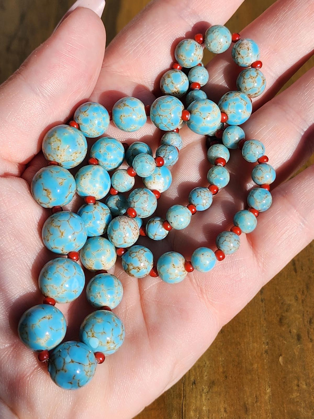 Antique Hubbell Glass Turquoise Bead Necklace | Czech Trade Beads | Coral | Handmade Silver Clasp | Navajo Old Pawn Southwest | Early 1900s