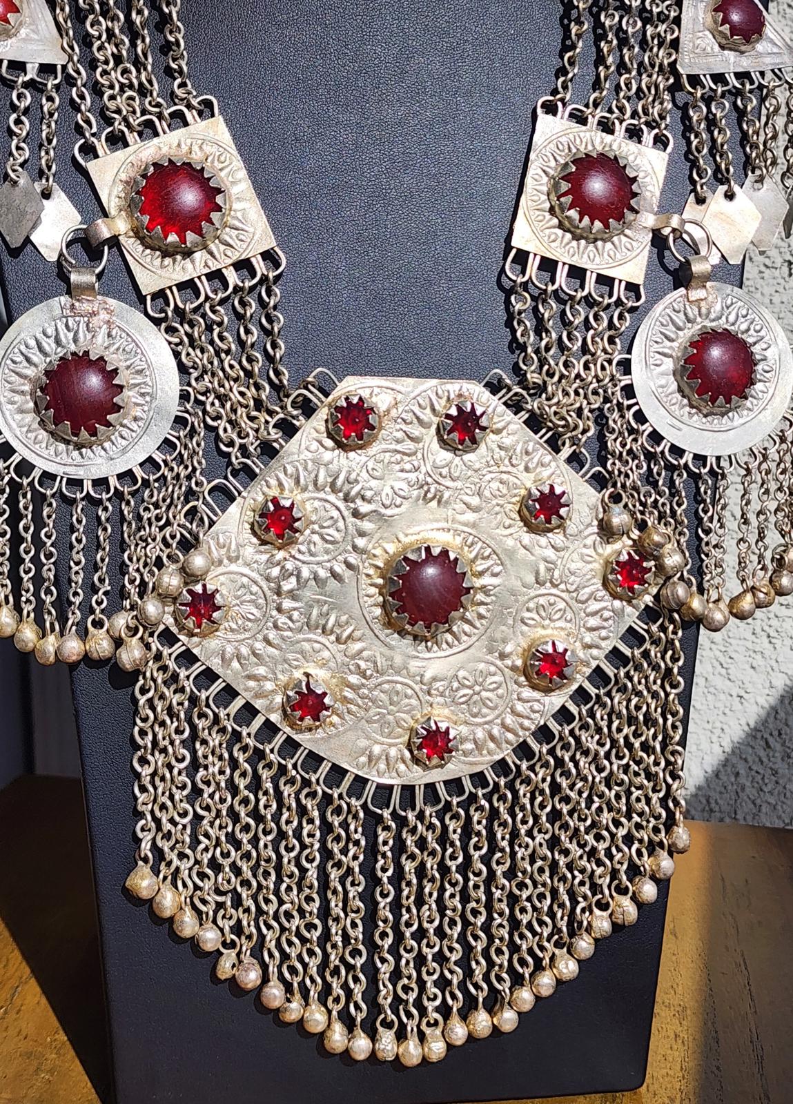 Massive Vintage Kashmiri Necklace, Carnelian, Handcrafted Silver Bridal Jewelry
