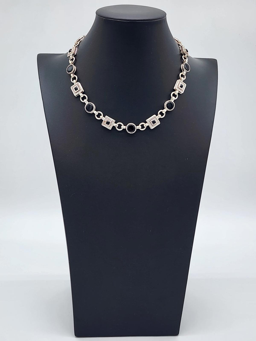 Napier Signed Silver Tone Black Cabochon Geometric Link Necklace 18.5in 90s Y2K