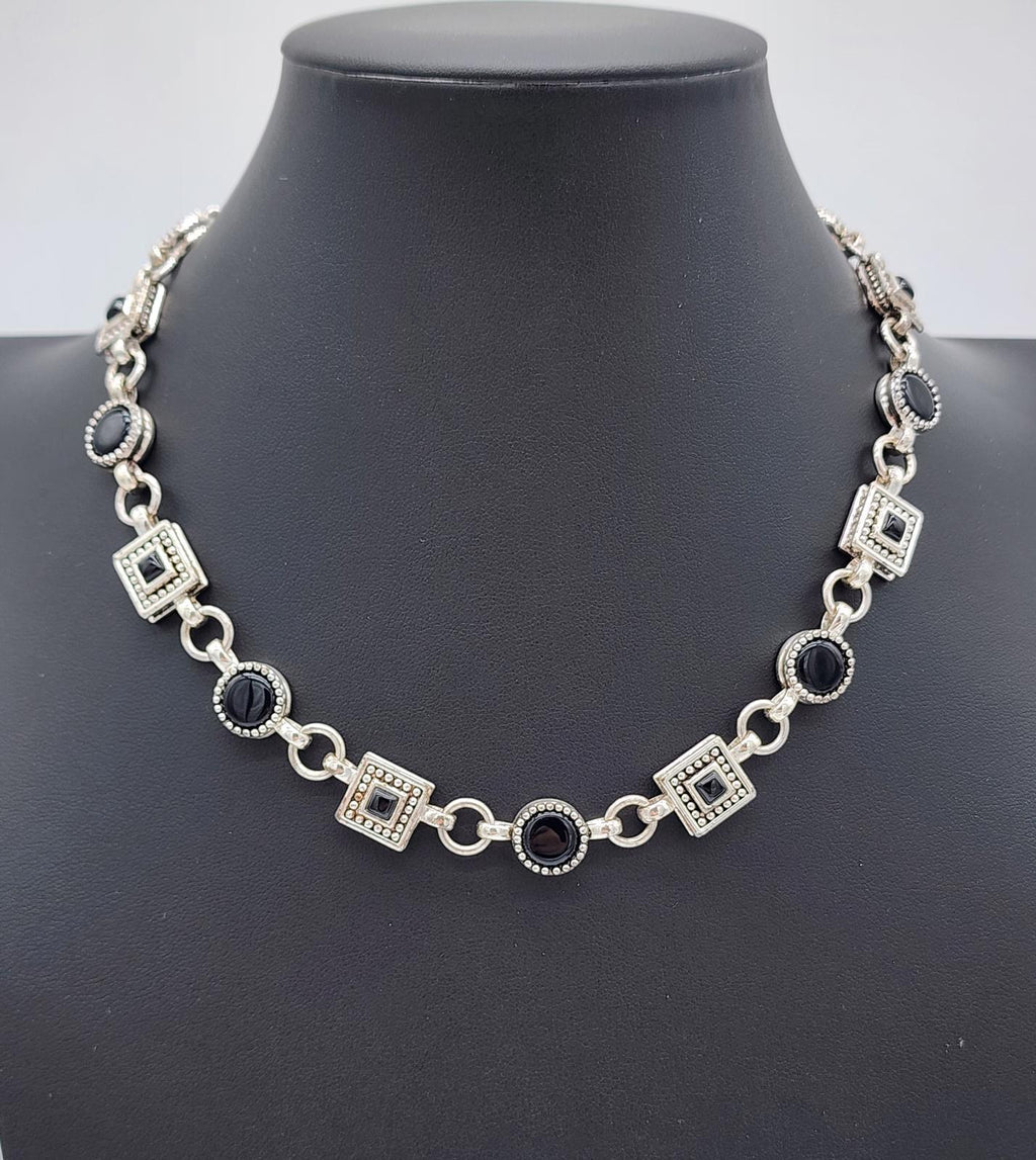 Napier Signed Silver Tone Black Cabochon Geometric Link Necklace 18.5in 90s Y2K