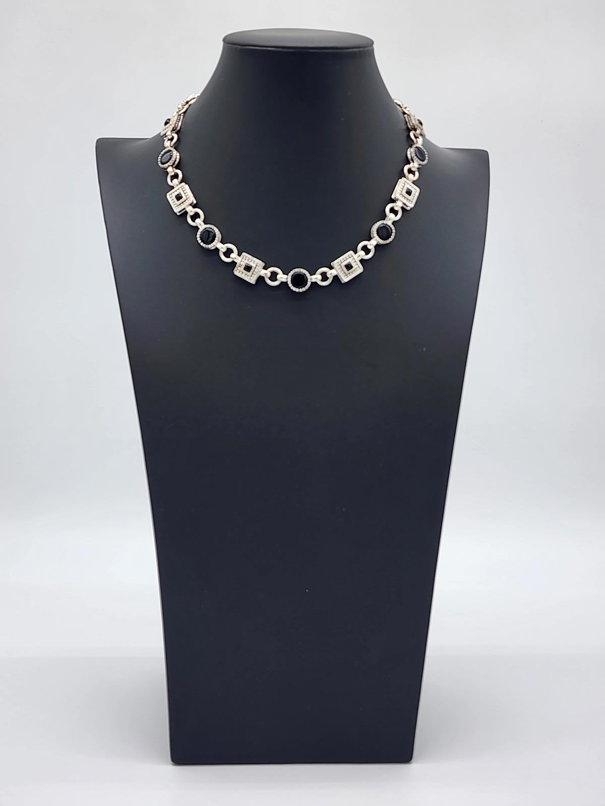 Napier Signed Silver Tone Black Cabochon Geometric Link Necklace 18.5in 90s Y2K