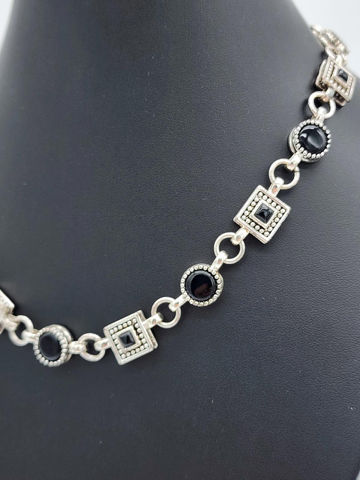 Napier Signed Silver Tone Black Cabochon Geometric Link Necklace 18.5in 90s Y2K