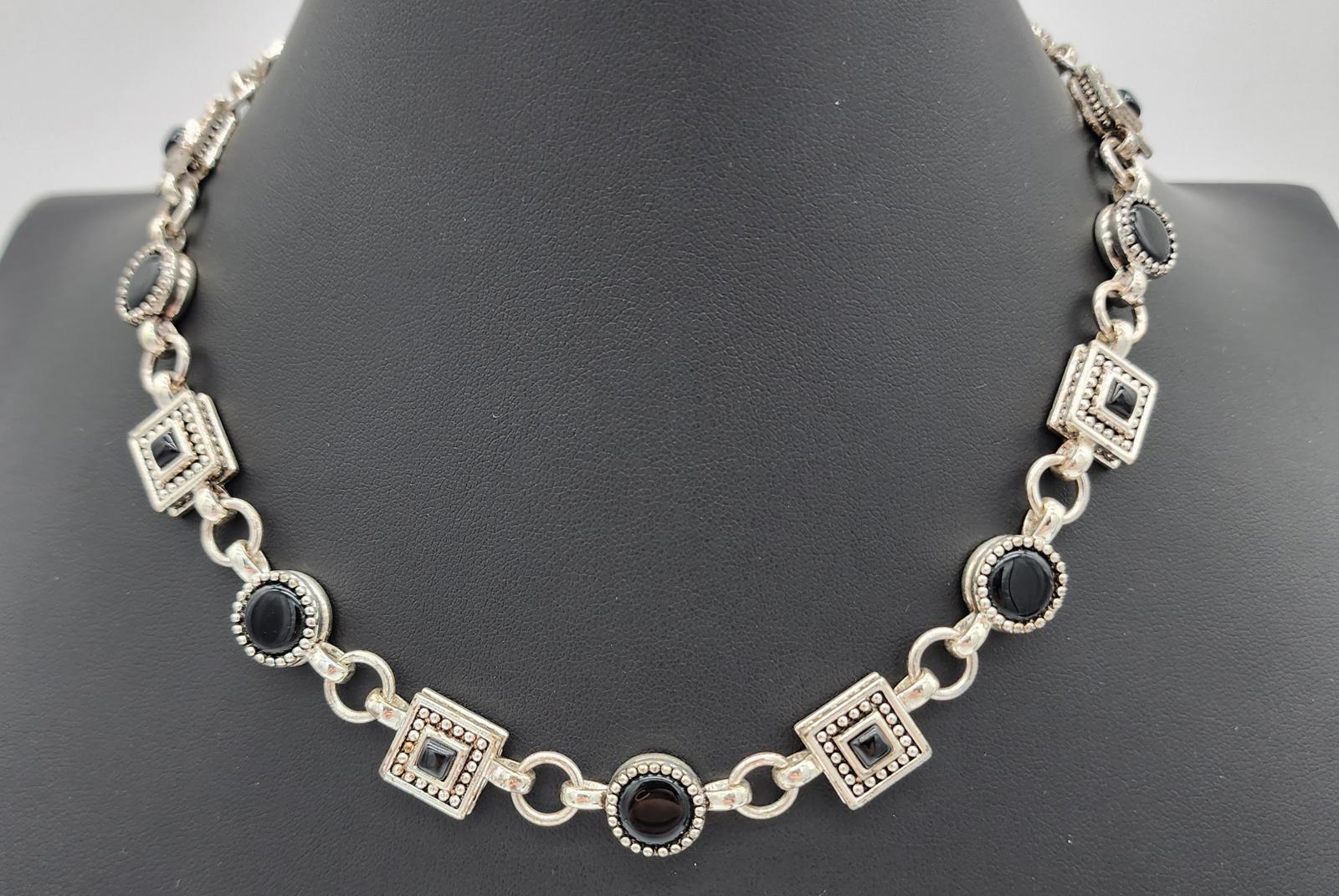 Napier Signed Silver Tone Black Cabochon Geometric Link Necklace 18.5in 90s Y2K
