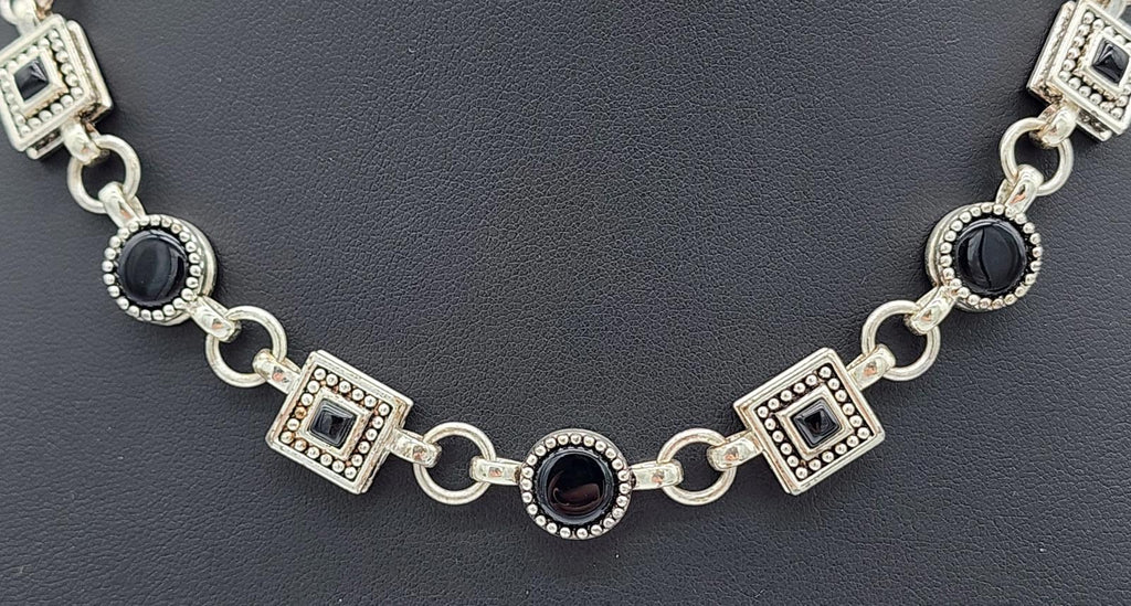 Napier Signed Silver Tone Black Cabochon Geometric Link Necklace 18.5in 90s Y2K