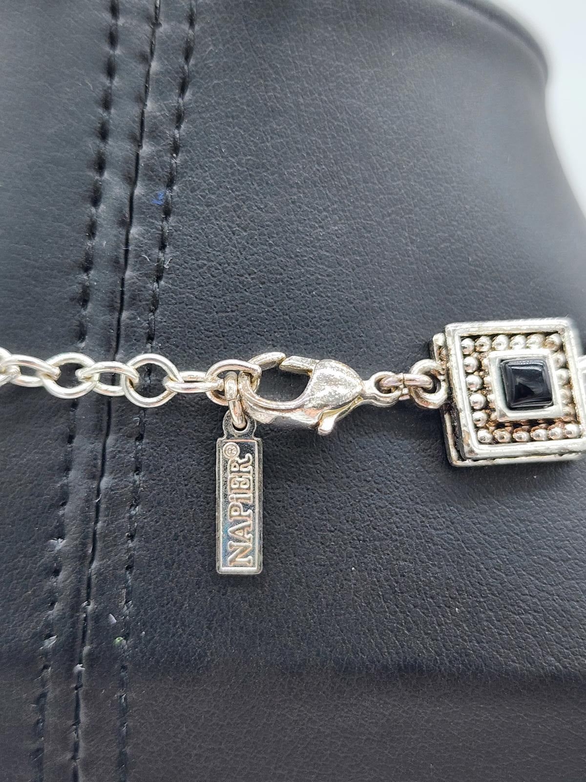Napier Signed Silver Tone Black Cabochon Geometric Link Necklace 18.5in 90s Y2K